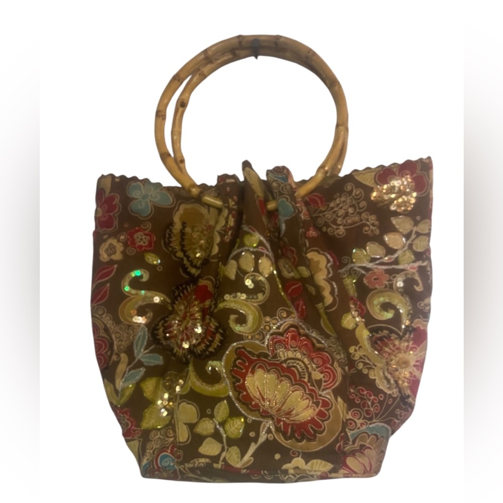 Tianni beaded sequin Floral Embroidered Brown fabric hand  Bag Bamboo Handles